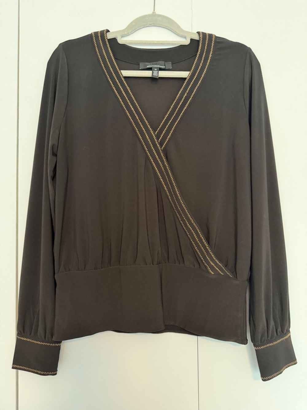 White House Black Market Black Wrap-Style Blouse with Tan-Trim Detail